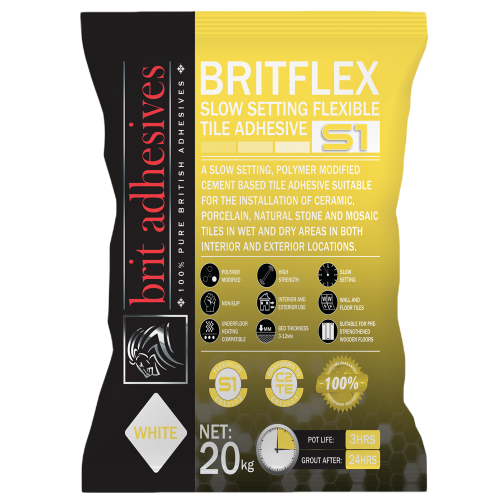 Britflexi Slow Setting Flexible Adhesive S1 20kg(Aprox. 3 - 5m² Per Bag) | 550ITA11
